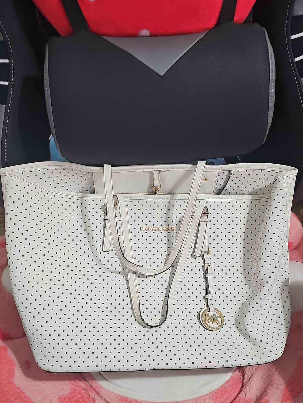 Michael Kors White Perforated Tote with Gold-Tone Charm
